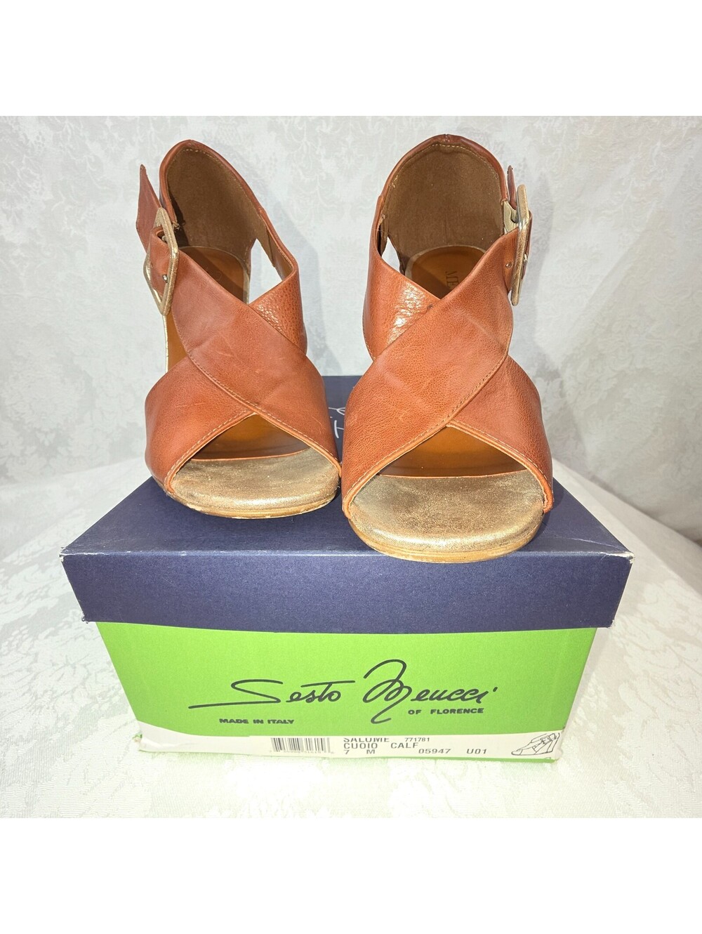 Sesto Meucci Womens shoes SALOME Brown/ Gold Leather Wedge Heels Size 7